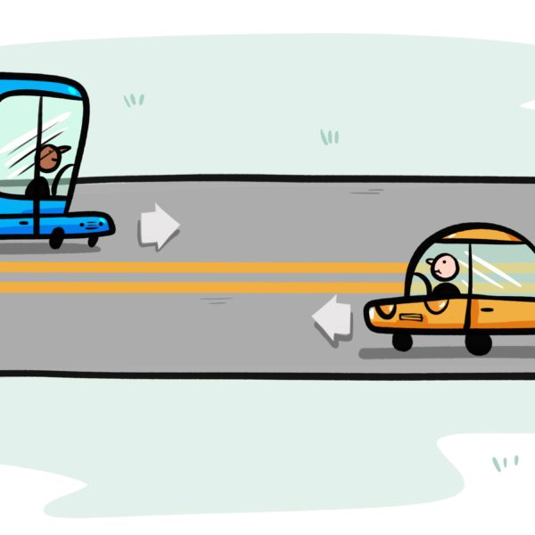 An illustration of two cars traveling in opposite directions.