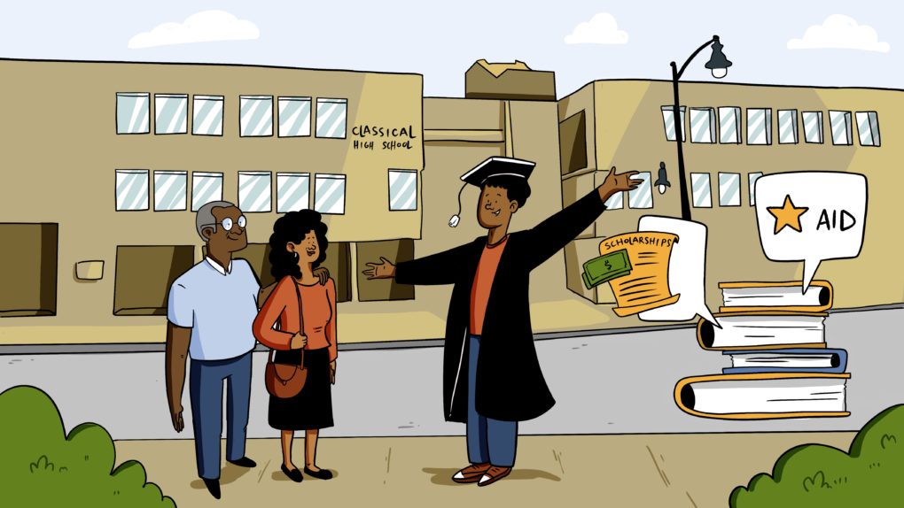 illustration of proud parents and their recent high shool graduate in front of a school. Part of a series of video illustrations created by ImageThink for College Crusade of Rhode Island