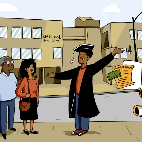 illustration of proud parents and their recent high shool graduate in front of a school. Part of a series of video illustrations created by ImageThink for College Crusade of Rhode Island
