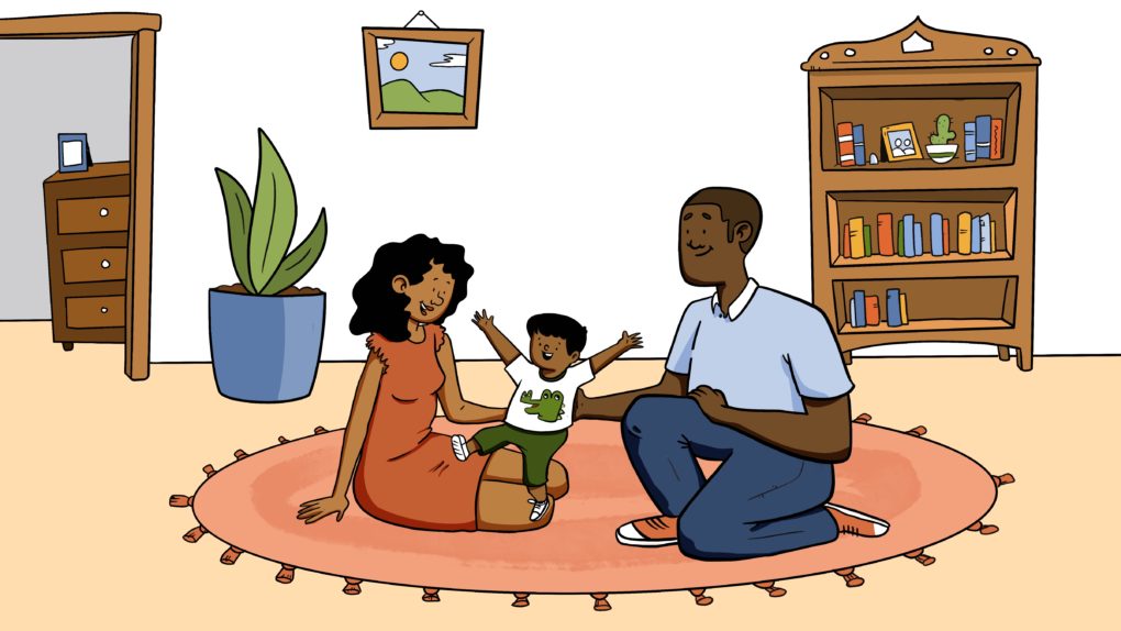 Illustration of a family in their living room with a young child in an alligator tee shirt.