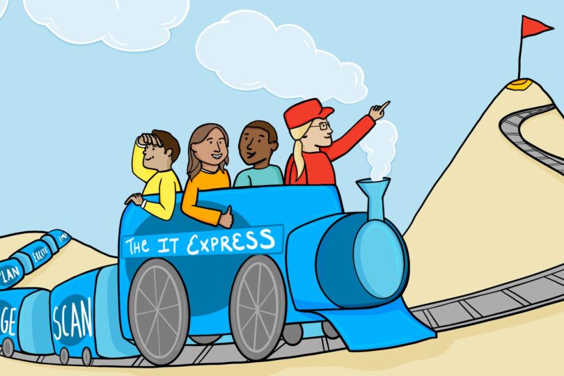 A visual of "The ImageThink Express" with a visual facilitator as the conductor guiding your team on board to your destination or goal.
