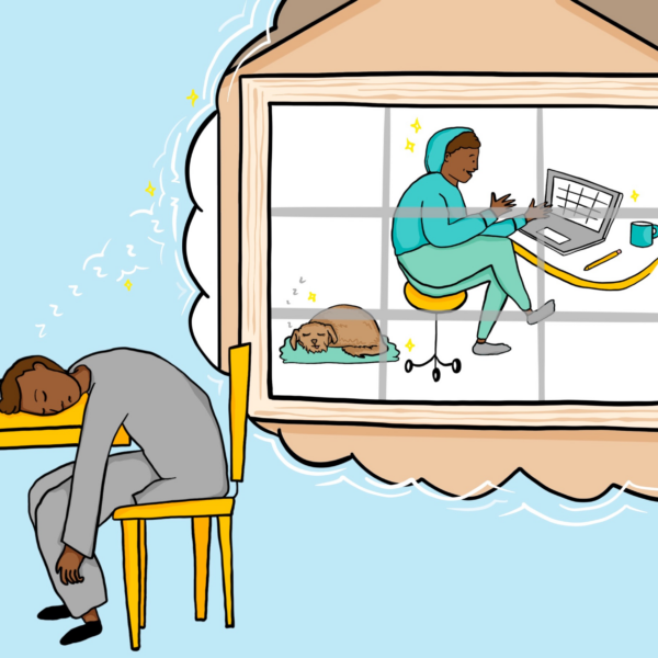An illustration depicting the the dichotomy of working from home, and daydreaming about work...from home