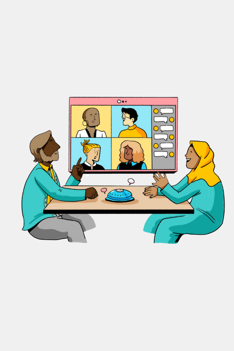 An illustration of a hybrid meeting, where attendees join both virtually and in-person.