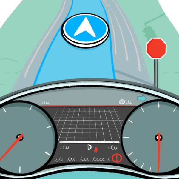 An illustration of a car dashboard, with related road signage to demonstrate visuals and symbols in driving.