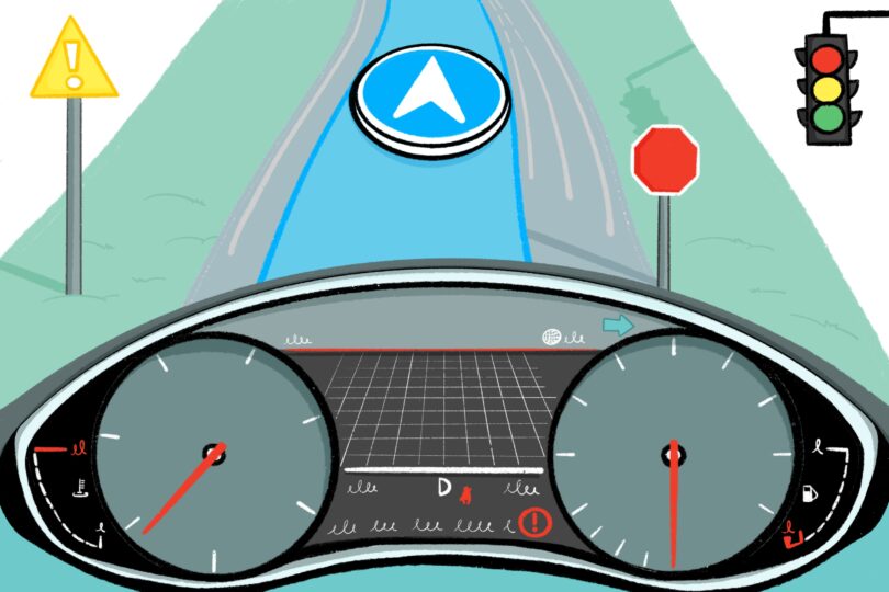 An illustration of a car dashboard, with related road signage to demonstrate visuals and symbols in driving.