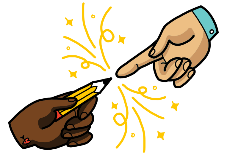 ImageThink illustration of two hands, one belonging to a graphic recorder showing the power of the pencil.