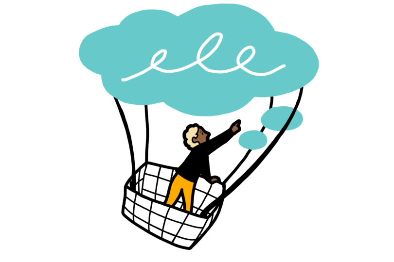 Illustration showing person lifted in basket by an idea cloud