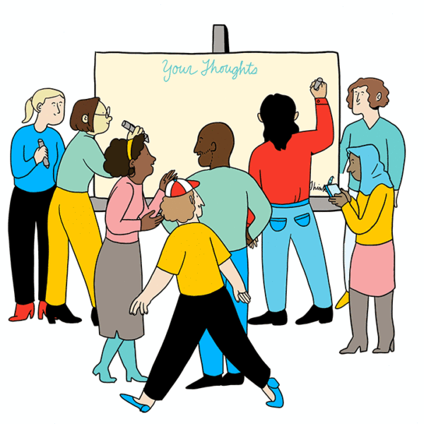 A gif of a visual strategist working on a social listening mural. Behind them, a crowd of attendees provides responses which appear on the board.