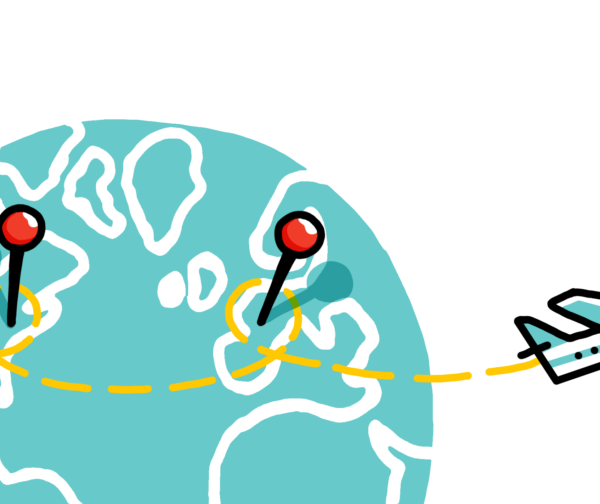 An illustration of a plane flying above a globe that has location pinpoints.