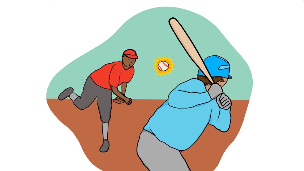 An illustration of a baseball player, ready to swing at an incoming pitch.