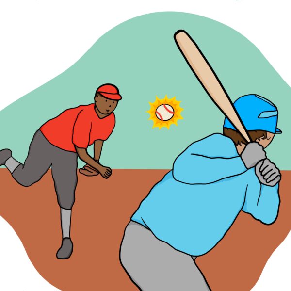 An illustration of a baseball player, set to bat ball thrown by the opposing team's pitcher.