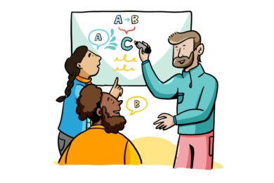 An illustration of an ImageThink graphic facilitator using a whiteboard to draw and synthesize responses from two participants