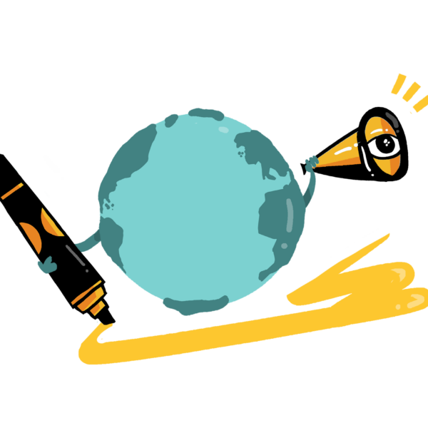 An illustration or logo of visual leadership: a globe holding a pen while looking out a binocular lens.
