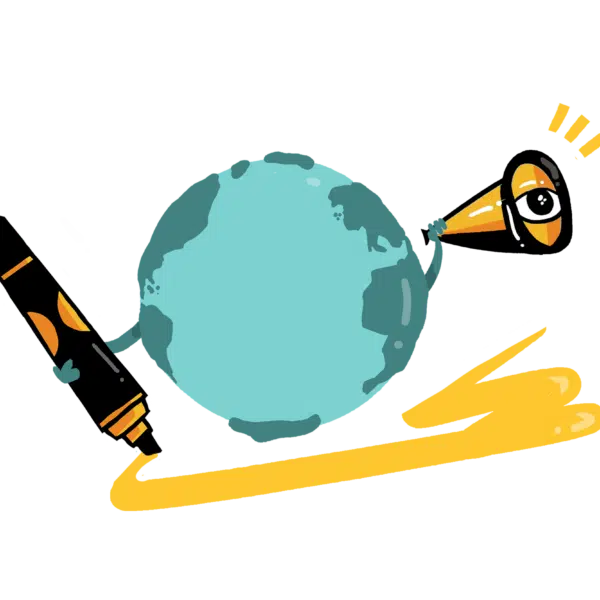 An illustration or logo of visual leadership: a globe holding a pen while looking out a binocular lens.