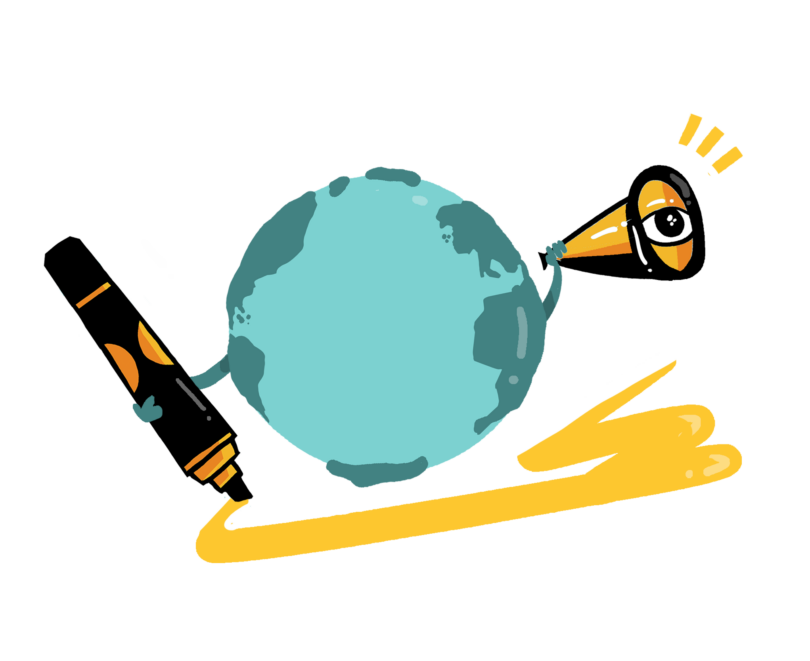 An illustration or logo of visual leadership: a globe holding a pen while looking out a binocular lens.