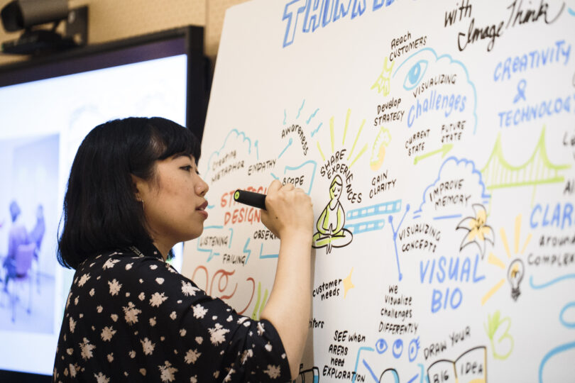 An ImageThink visual strategist capturing insight from audience members and illustrating responses in real time