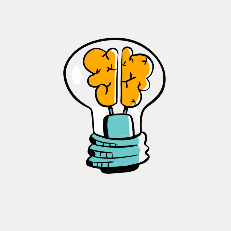 Illustration of a lightbulb with a brain in the middle.