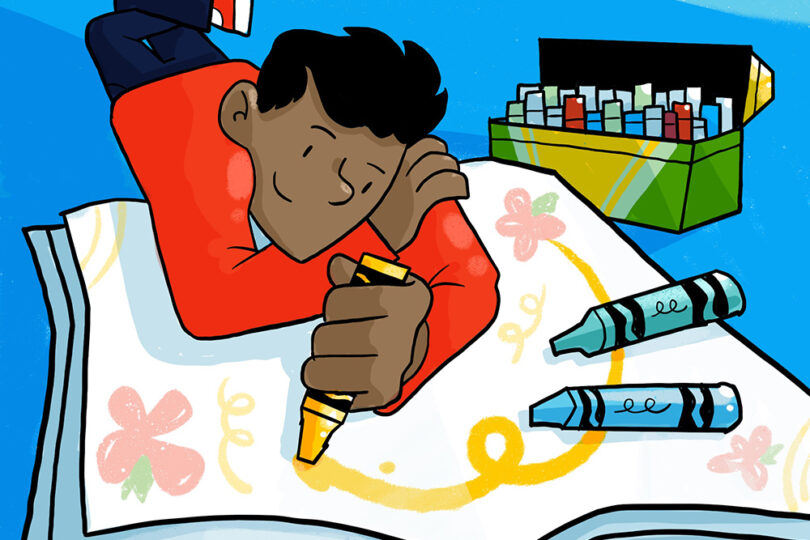 Illustrated boy coloring with crayons.