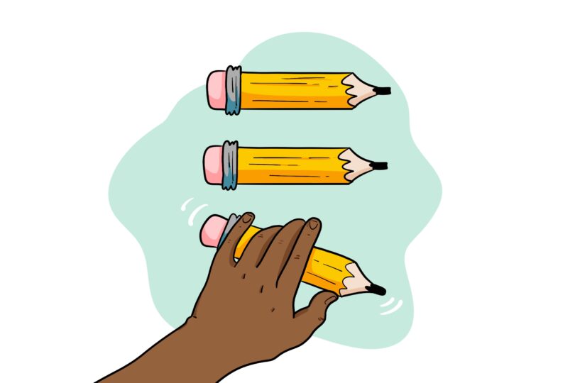 ImageThink icon for alignment - three pencils with pointed end to the right. A hand is straightening out the last pencil in the column to align the group.