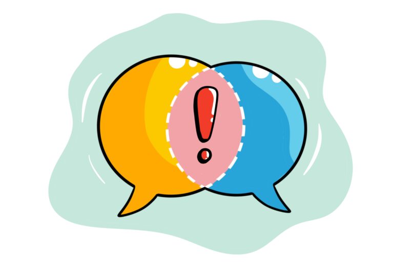 ImageThink icon for communication - two overlapping speech bubbles with an exclamation point in the center of where communication intersects.