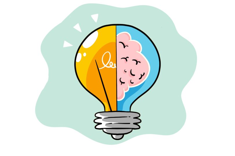 ImageThink icon for inspire - a light bulb that is split in half, with one section as the bulb and one as the brain.