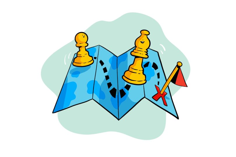 ImageThink icon for strategy - an illustrated map with two chess pieces on top, following a dotted line to a destination - marked by a red "X" and flag.