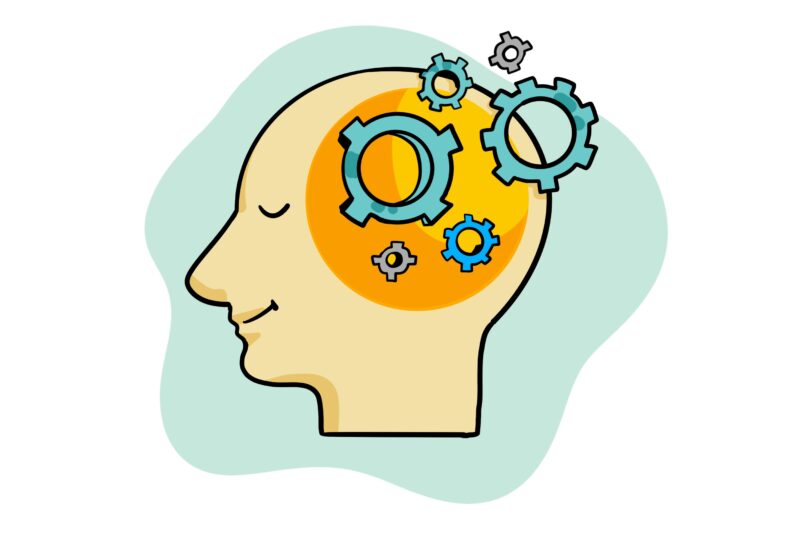 ImageThink icon for learning - a glimpse in an individual's mind, where the brain is replaced by working cogs and gears.