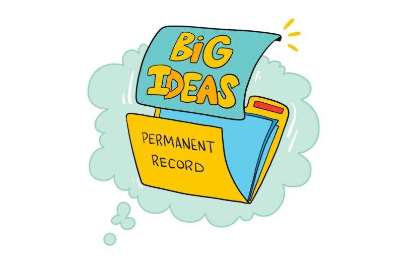 ImageThink icon for memorialization - an open "permanent record" folder with a document labeled "big ideas" moving into it.