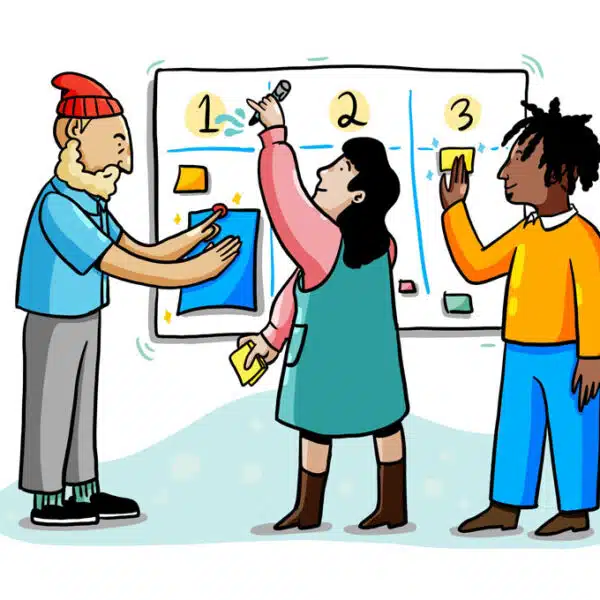 3 individuals collaborating at whiteboard