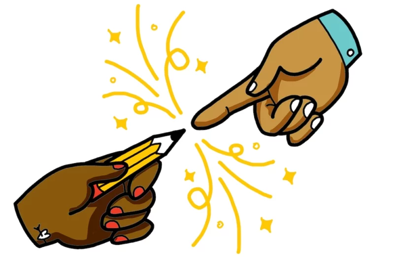 Illustration of hand grasping pencil and reaching toward finger on another hand
