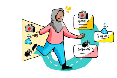 Illustration showing journey of patient through gateway to health, science and community