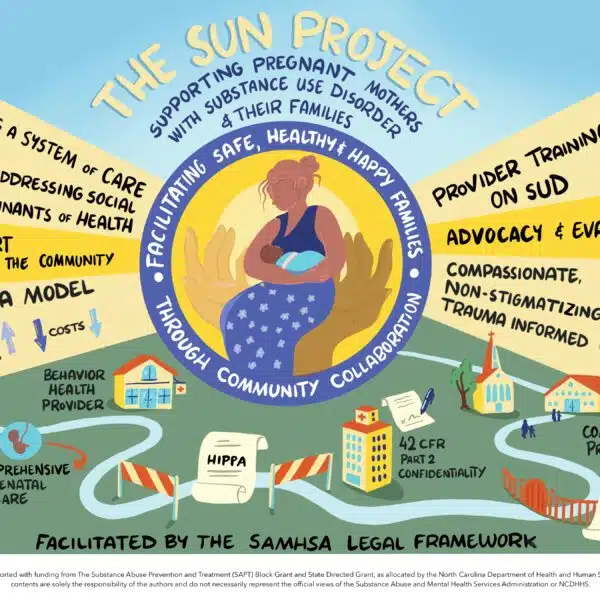 A nonprofit systems-change illustration highlights support for pregnant mothers.