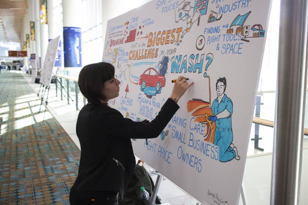 A graphic recorder from ImageThink draws live on a large foamcore board at a conference, capturing audience insights with colorful illustrations and text. The board features the central question “What is the biggest challenge in your wash?” surrounded by hand-drawn graphics of a red car, a man polishing a vehicle, and phrases about small business challenges like pricing, water reclamation, and industry tools. The artist, dressed in black, uses orange and blue markers while standing in a brightly lit convention hallway with patterned carpet and large windows. Other visual boards are visible in the background, showcasing a dynamic and creative conference environment.