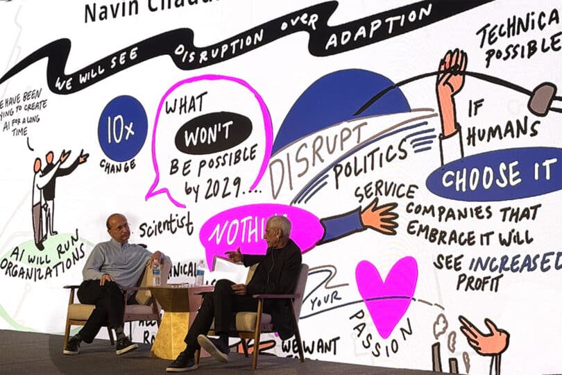 Tech founders on stage during an AI conference at Levi’s Stadium, with ImageThink capturing the conversation visually