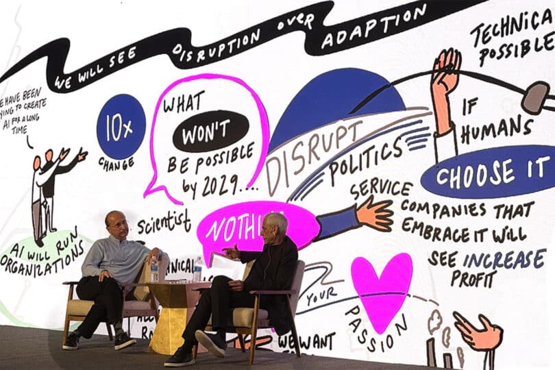 ImageThink graphic recorders creating live digital graphic recording at the DevRev Effortless conference, capturing product, customer, and AI themes as colorful visual notes during a keynote session.