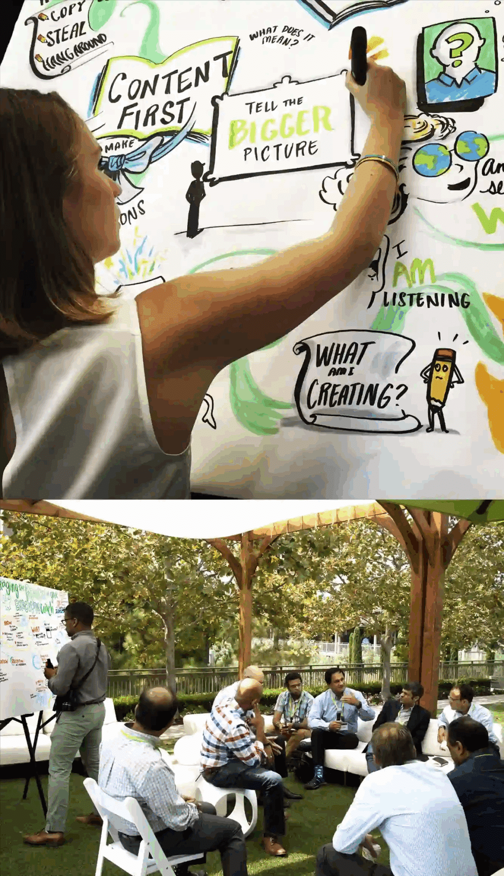 An artist adding to a mural during a workshop, using visual note taking live.