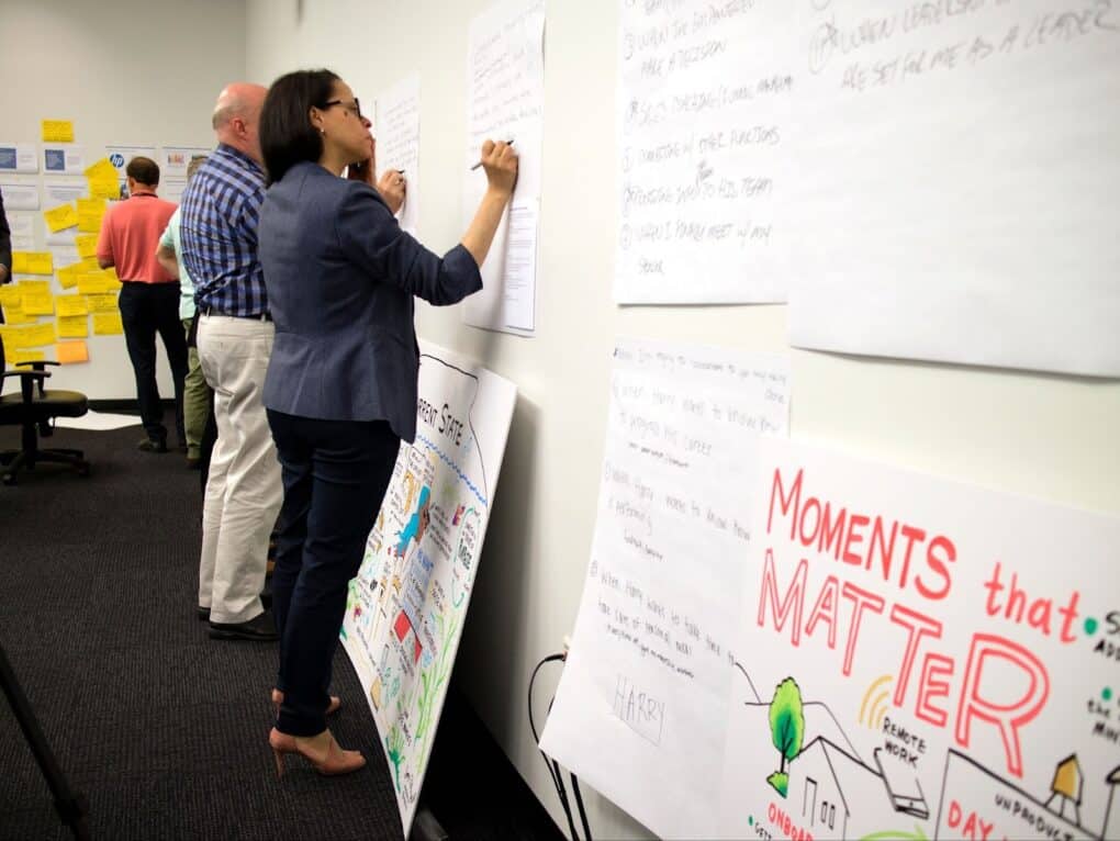 Business professionals working on relationship mapping in a group setting.