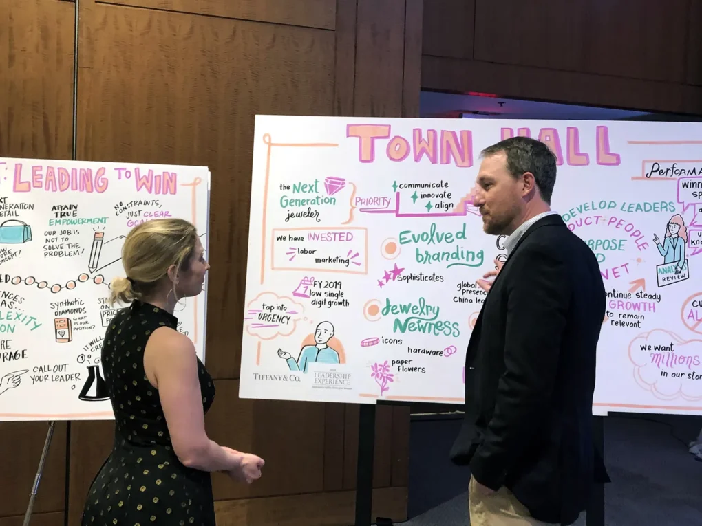 Two workshop attendees discussing and reviewing visual process maps.