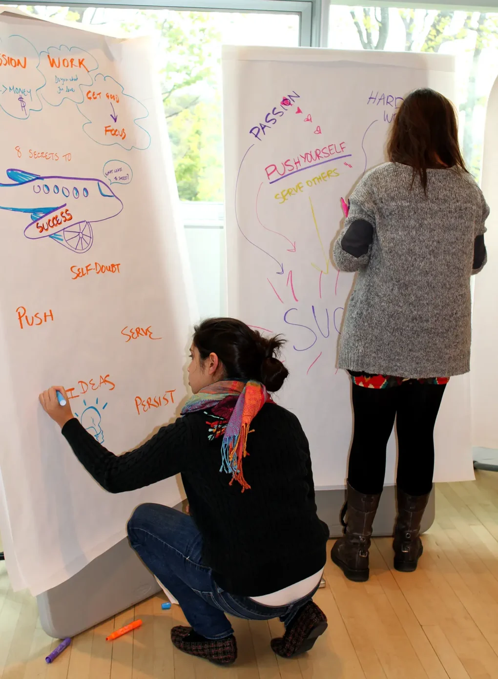 Workshop attendees creating visual process maps on flipcharts.