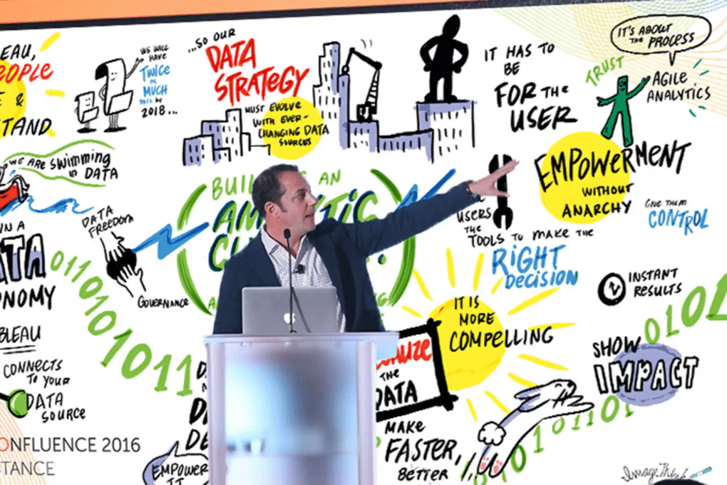 A man speaking at an event with a virtual scribing visual background. 