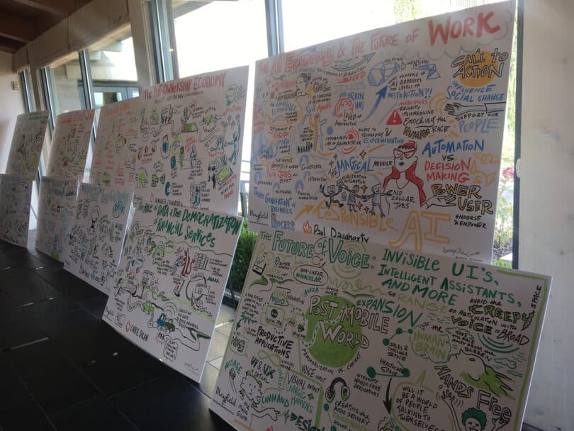 Graphic recording boards displayed at an event, showing visual summaries and key themes