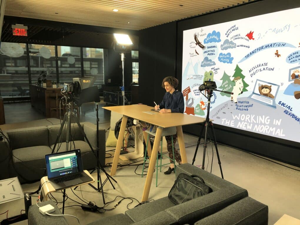 Live graphic recording created in real time for Dreamforce 2020 during a virtual keynote session.