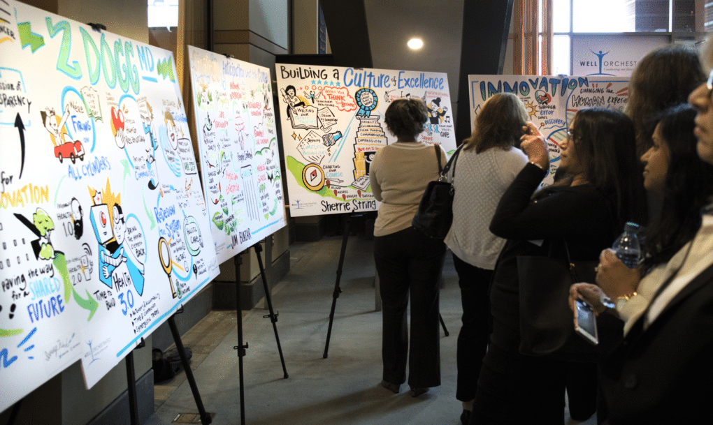 Attendees reviewing visual change management boards at an event.