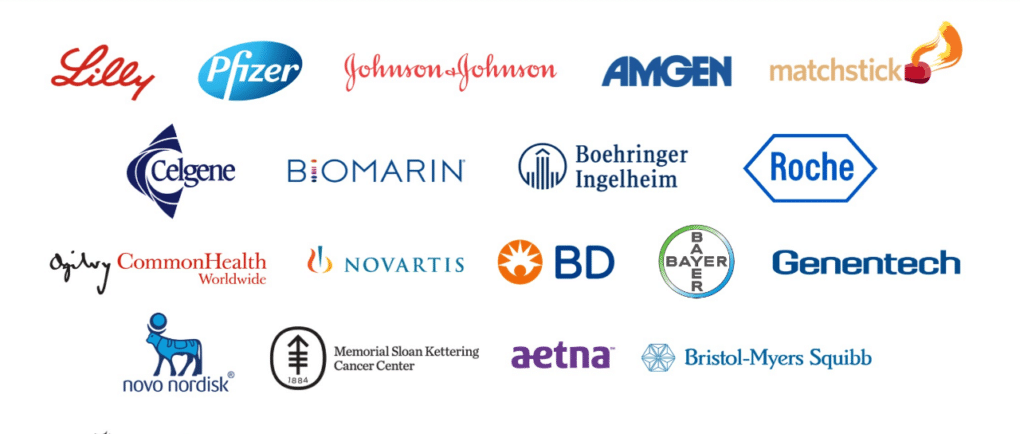 Logos of ImageThink’s trusted healthcare and life science clients for graphic recording, including Lilly, Pfizer, Johnson & Johnson, Amgen, Roche, Novartis, Bayer, Genentech, Novo Nordisk, and Memorial Sloan Kettering.