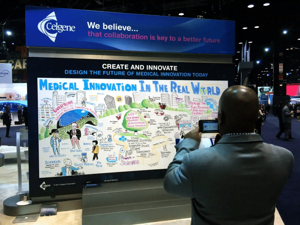 Attendee viewing a large-scale graphic recording at a medical innovation industry conference.